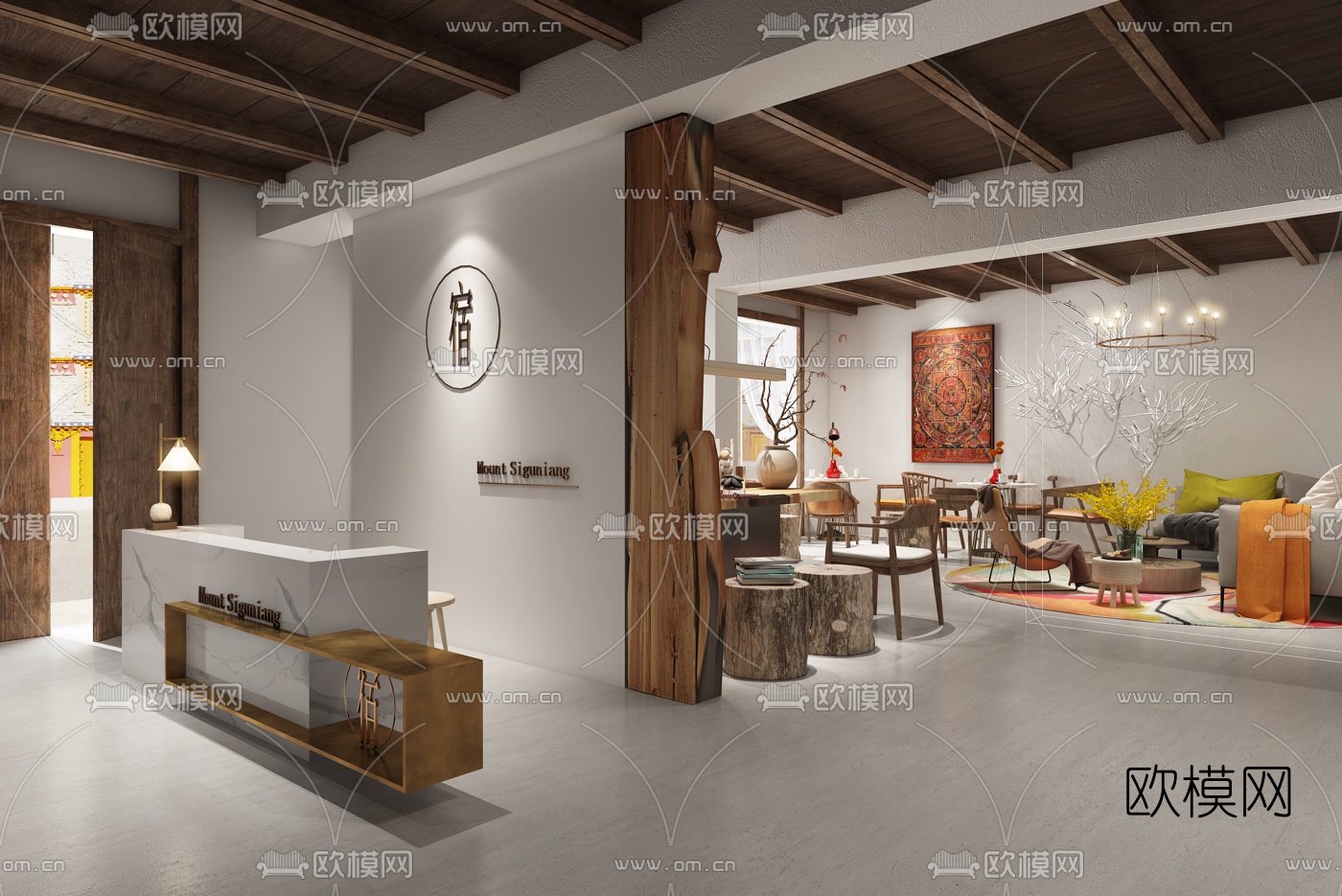 自然风民宿酒店前台休息区3d模型-免费3dmax模型库-欧模网