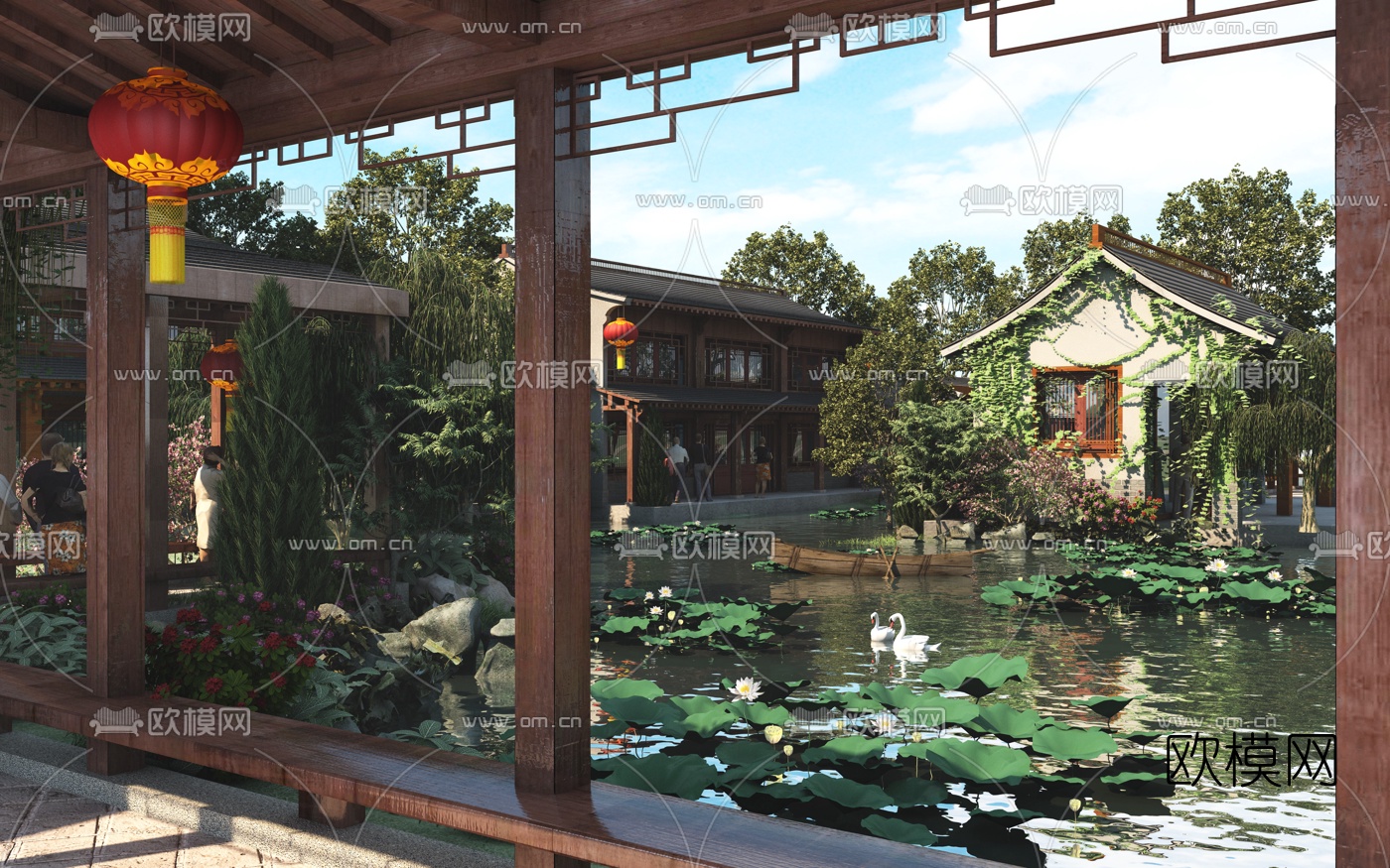 中式古建荷花池园林景观3d模型