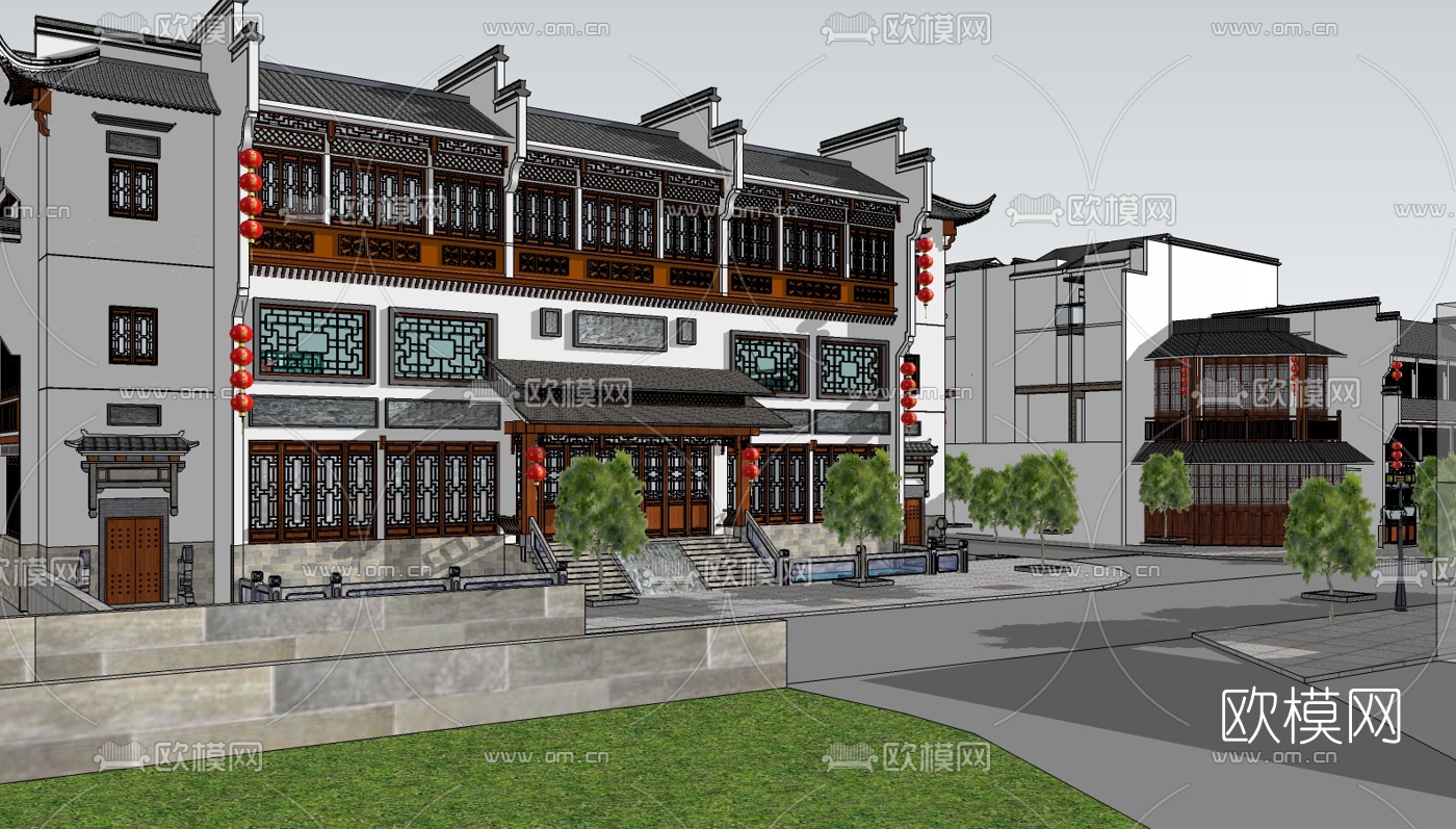 新中式民俗商业街su模型下载（渲染图1）