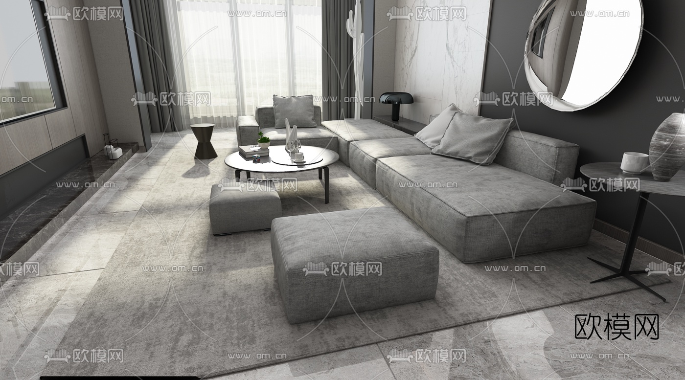 现代高级灰客厅餐厅3d模型