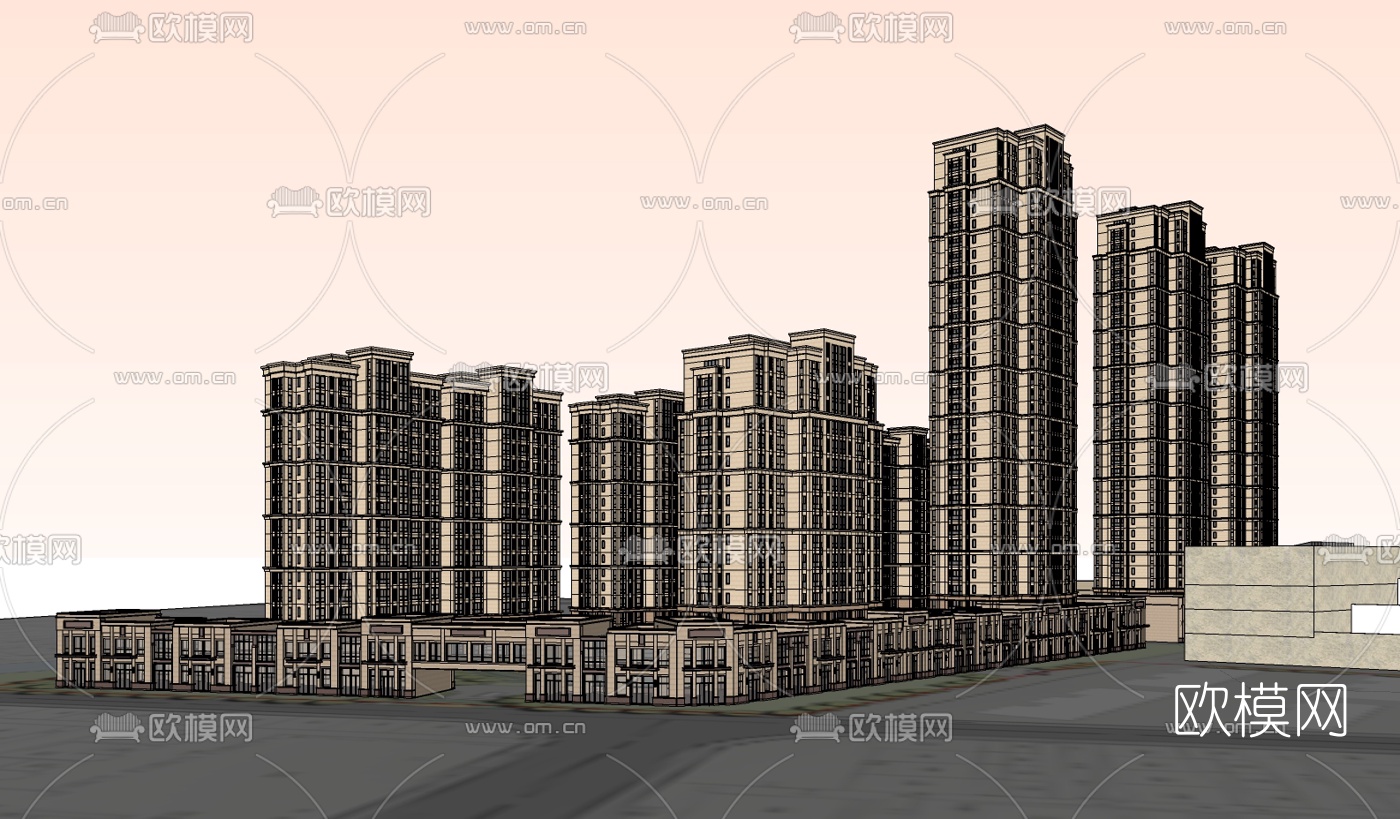 新古典高层公寓楼su模型下载（渲染图4）