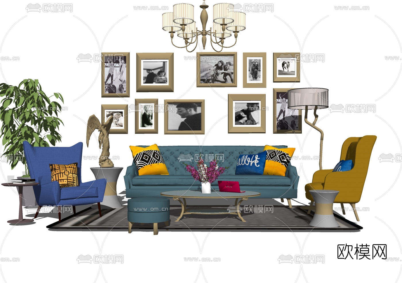 欧式布艺沙发组合su模型下载（渲染图2）