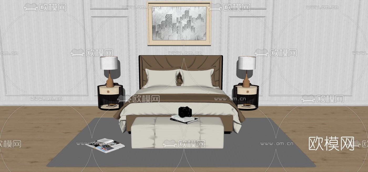 现代布艺双人床su模型下载