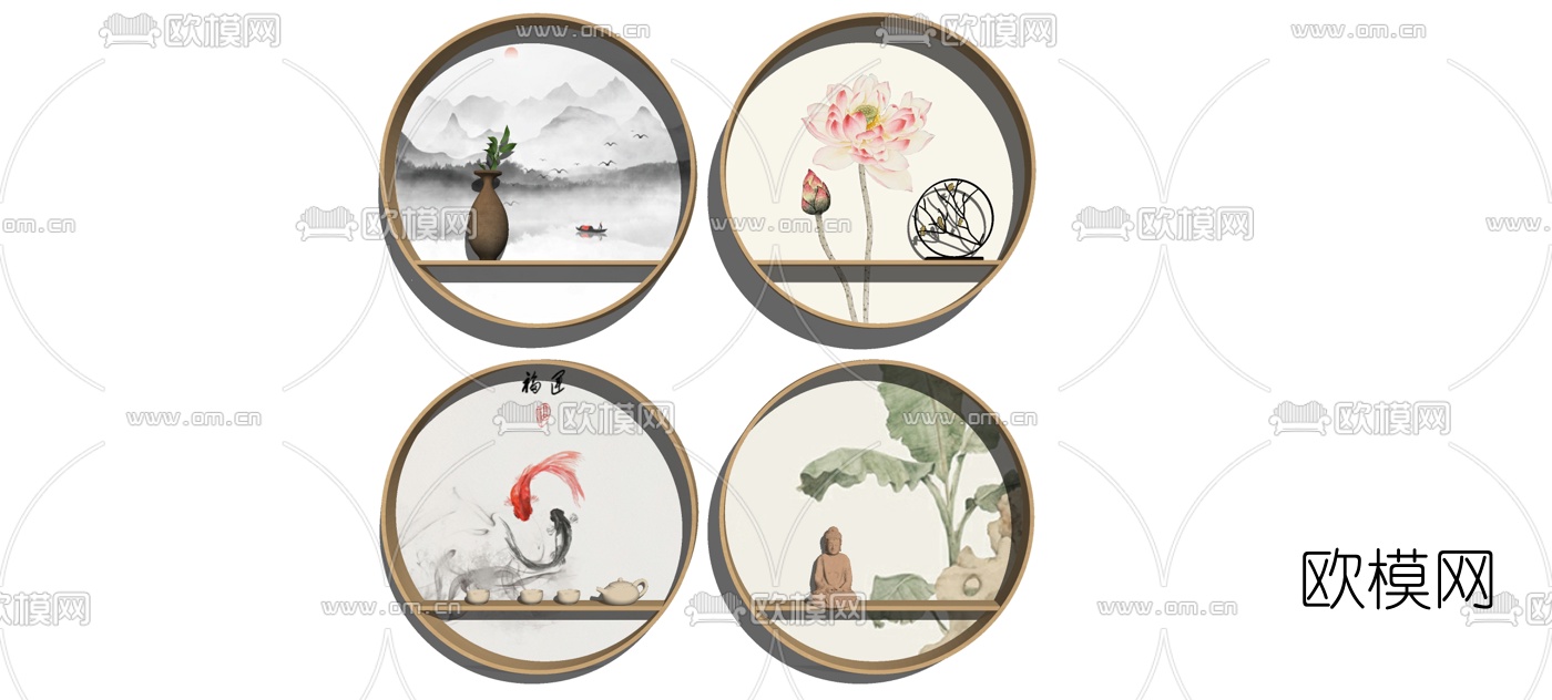 新中式实木圆形置物架搁板su模型下载