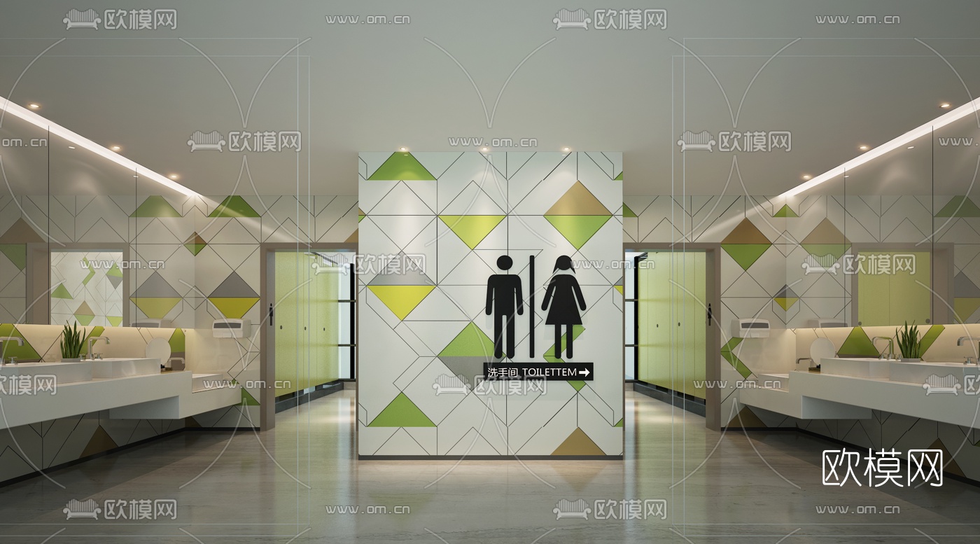 现代公用洗手间3D模型下载（渲染图1）