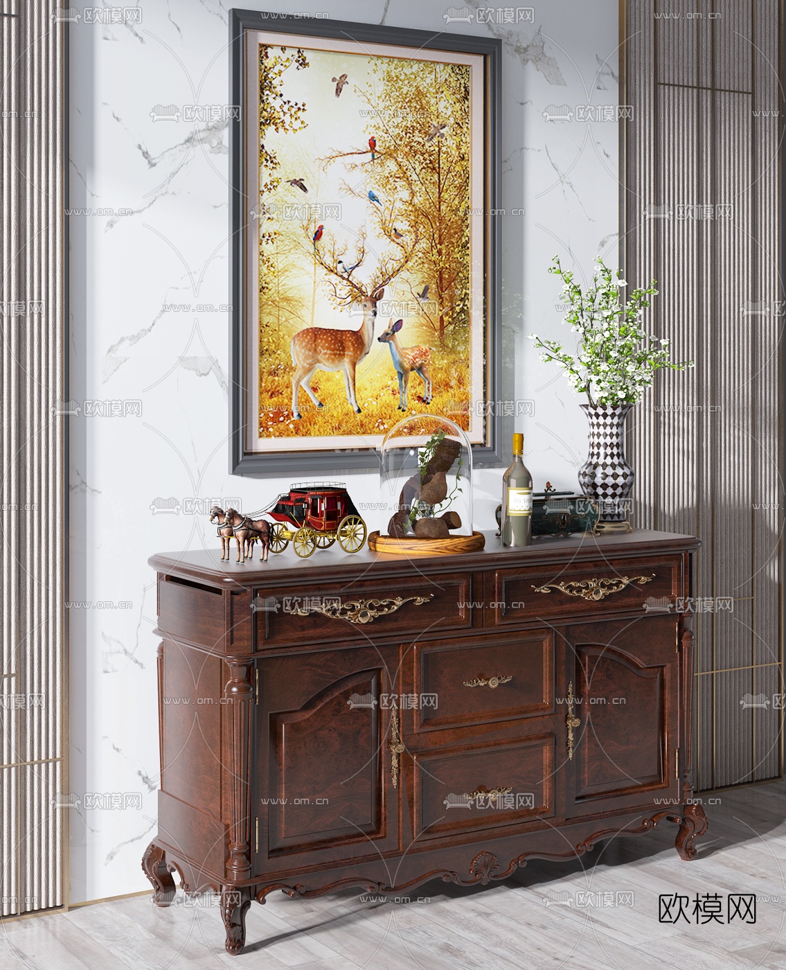 美式实木边柜3d模型下载