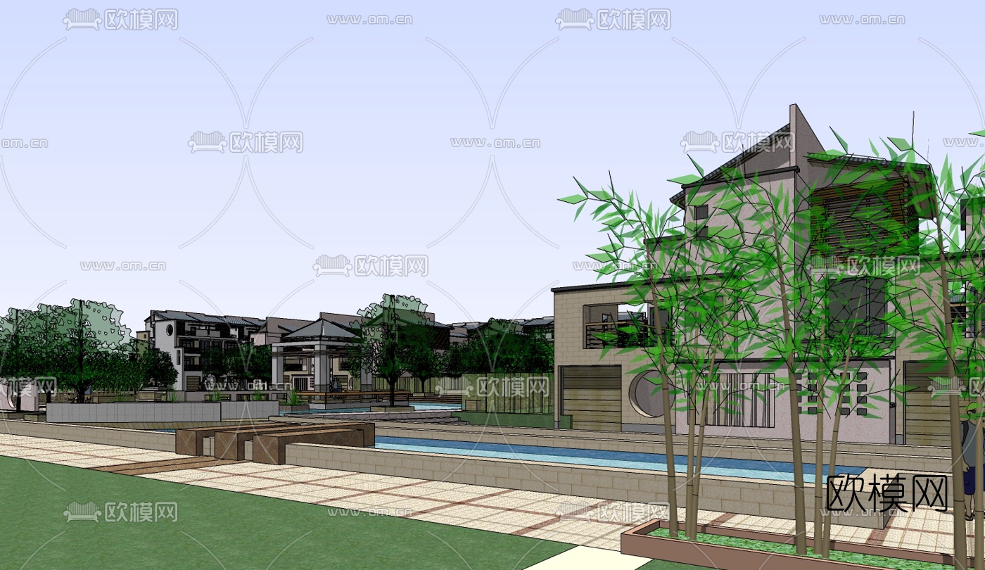 新中式小区规划免费su模型下载（渲染图5）