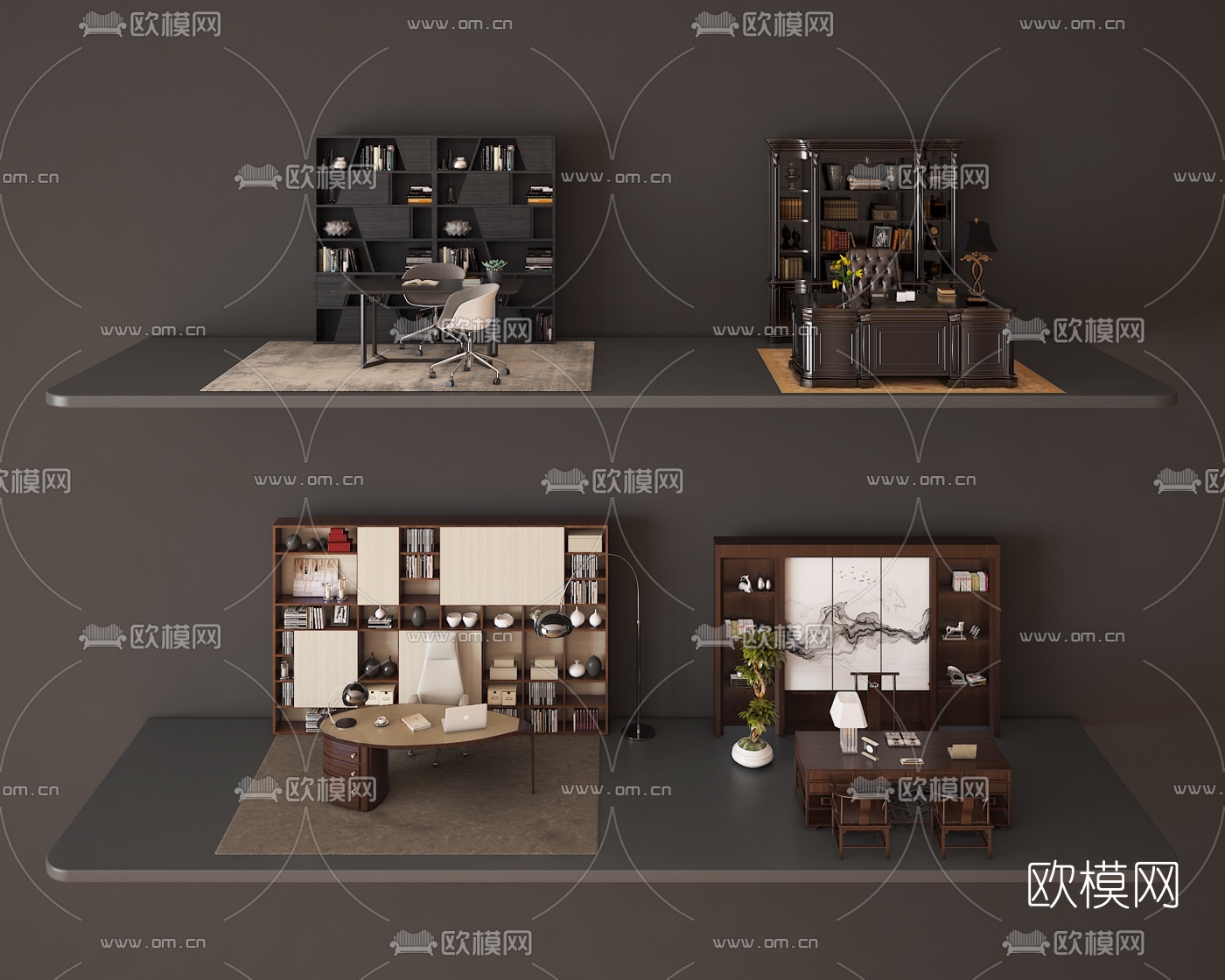 现代办公班台组合3d模型
