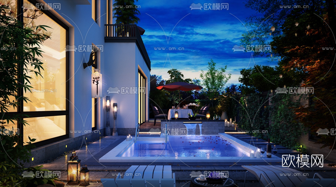 现代庭院花园夜景3D模型下载