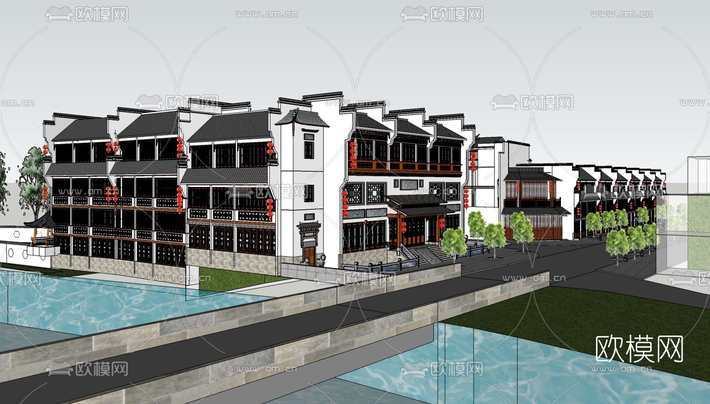 新中式民俗商业街su模型下载（渲染图4）