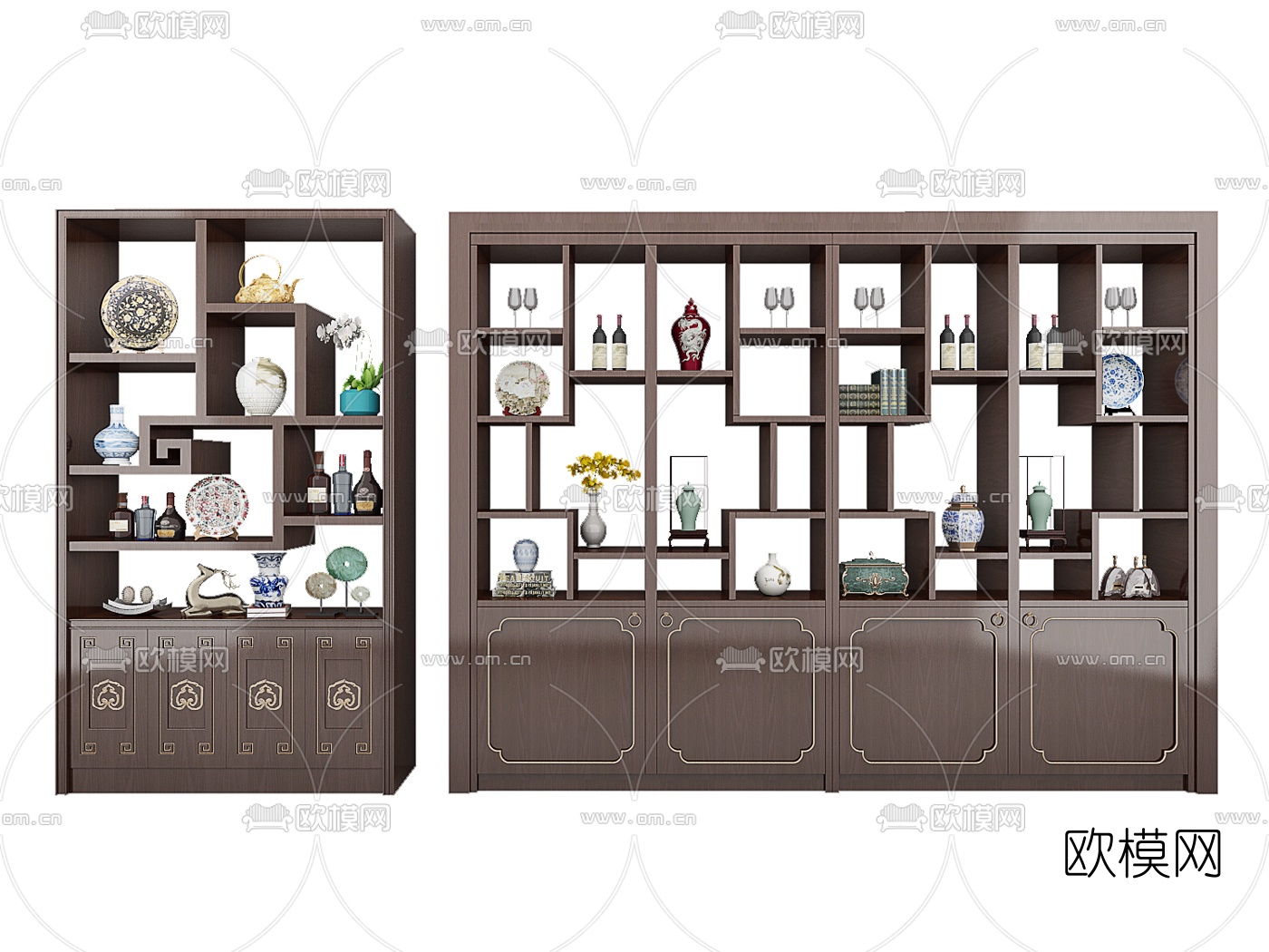 中式实木装饰架摆件组合3d模型下载