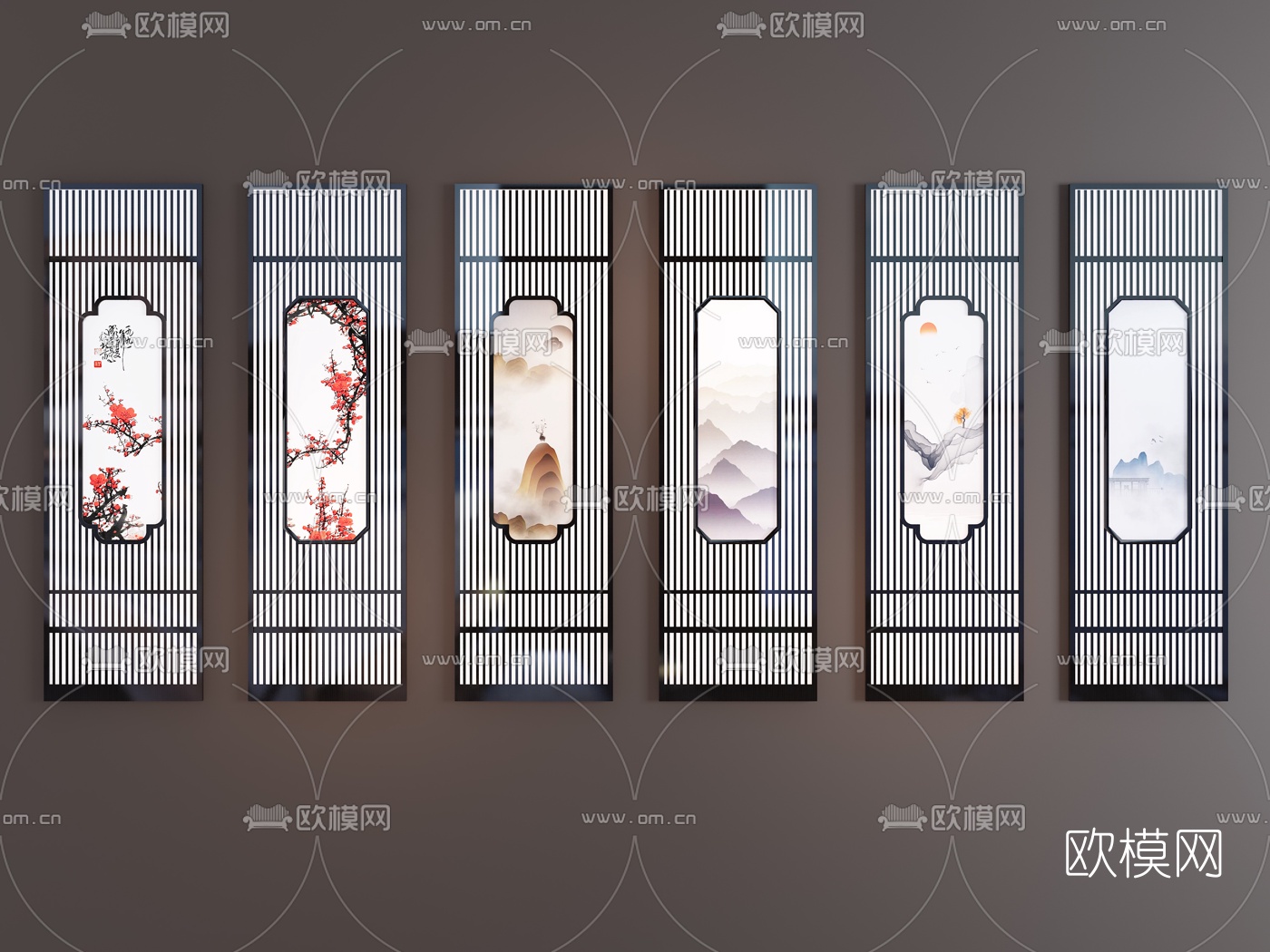 新中式实木梅花水墨屏风隔断3d模型下载（渲染图1）