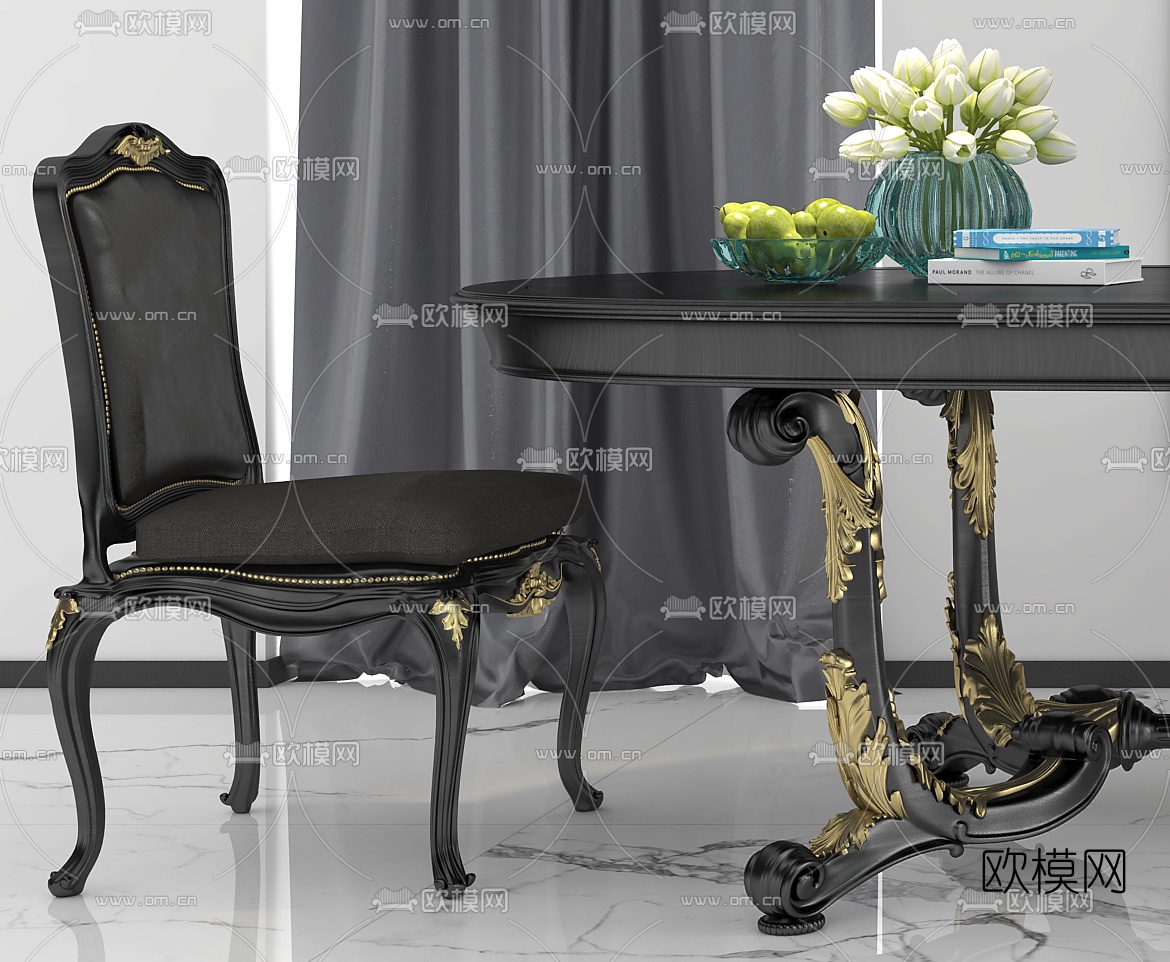 欧式古典餐桌椅3d模型下载（渲染图3）