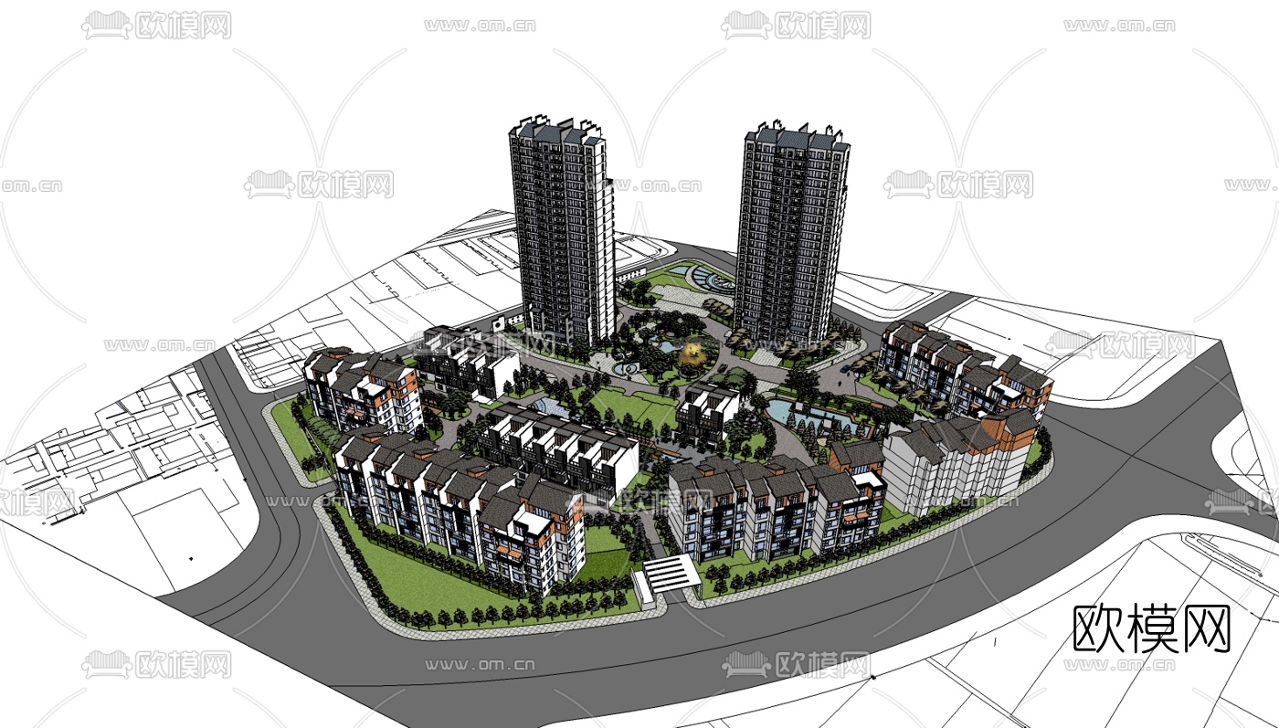 新中式小区规划su模型下载（渲染图1）
