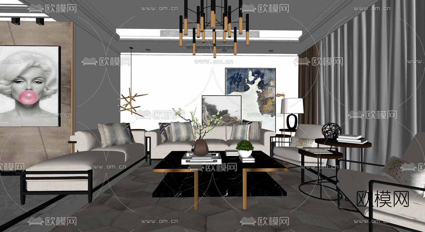 现代轻奢客餐厅su模型下载（渲染图4）