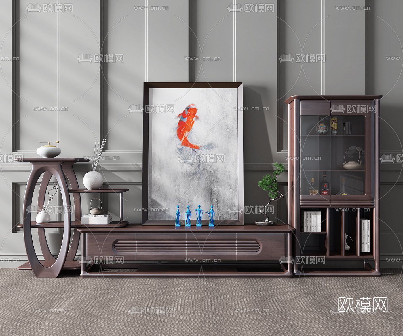 新中式电视柜酒柜博古架组合3D模型下载