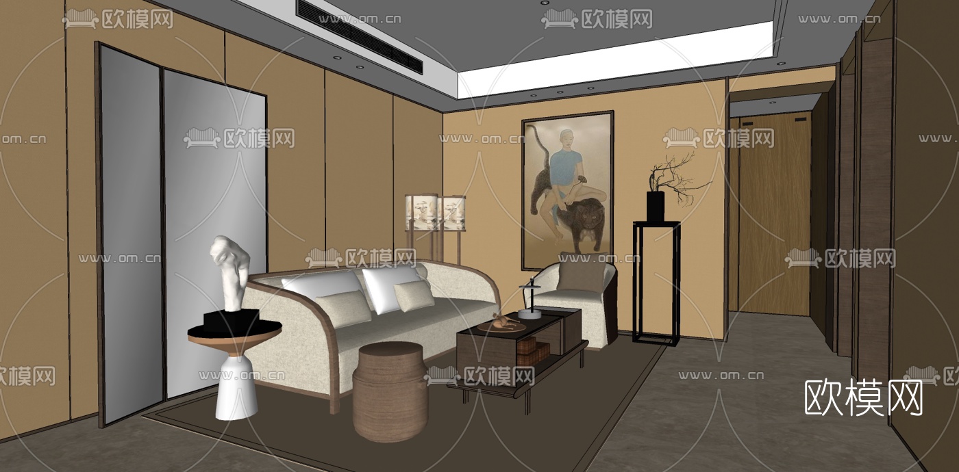 新中式客厅su模型