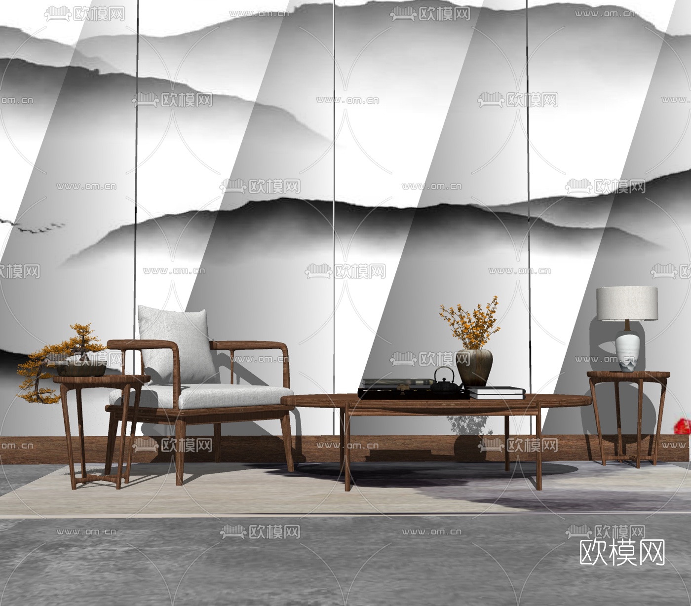 新中式单人沙发组合su模型下载