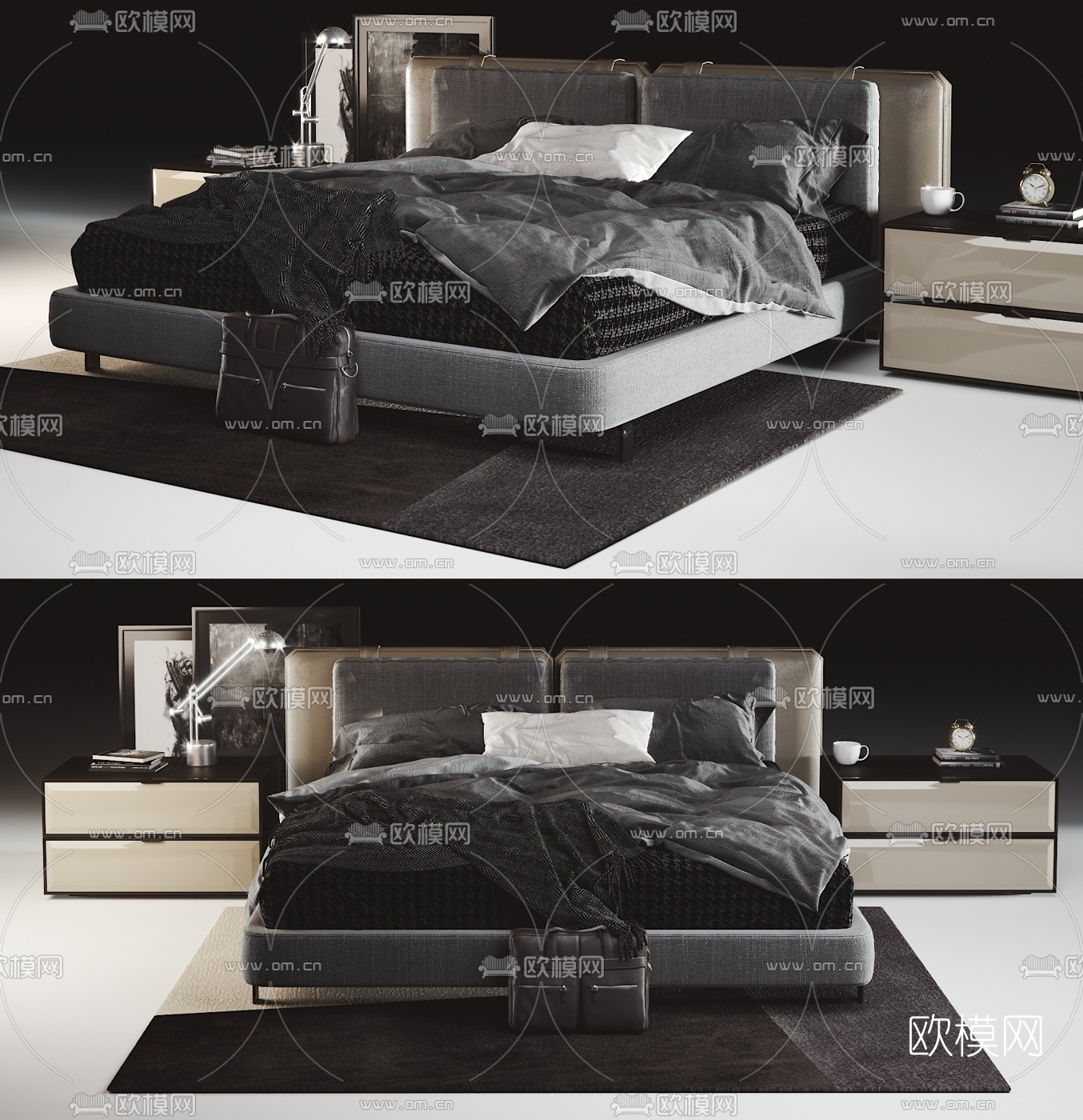 现代高级灰双人床3d模型下载