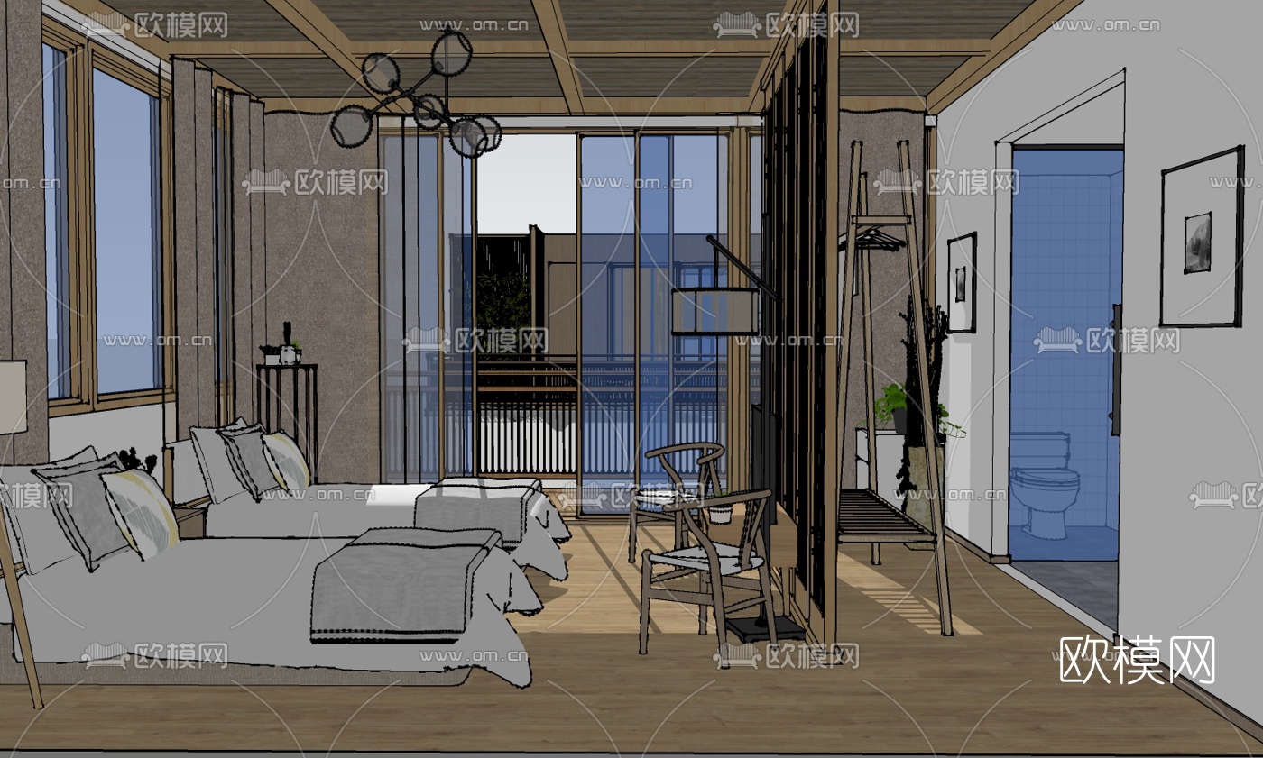 新中式民宿客房双人房su模型下载（渲染图1）