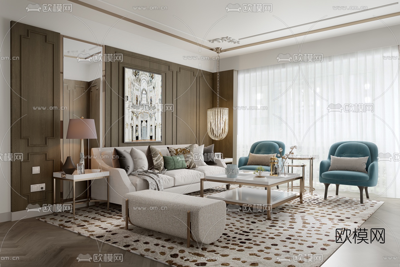 中合深美 现代客厅3D模型下载（渲染图1）
