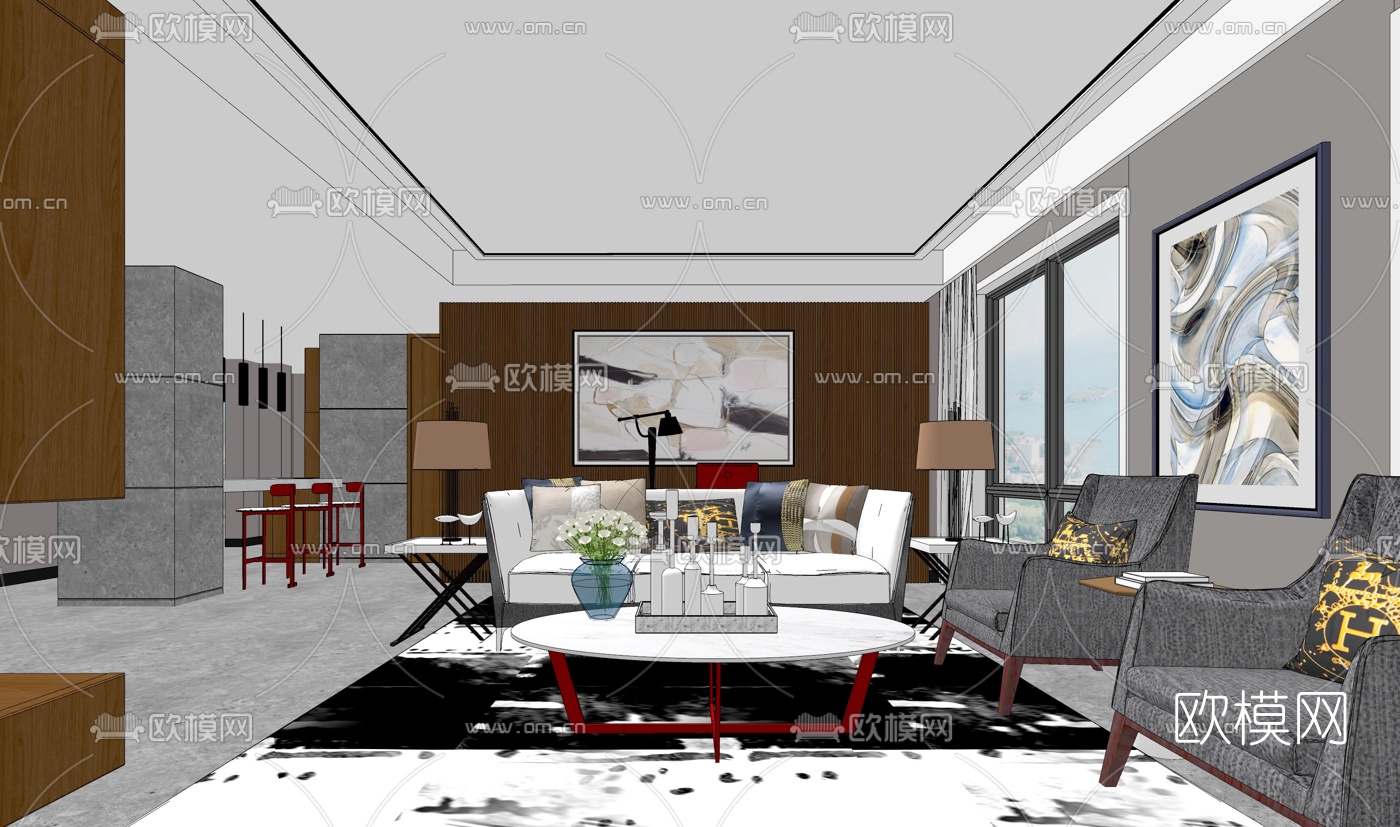 现代轻奢客厅su模型
