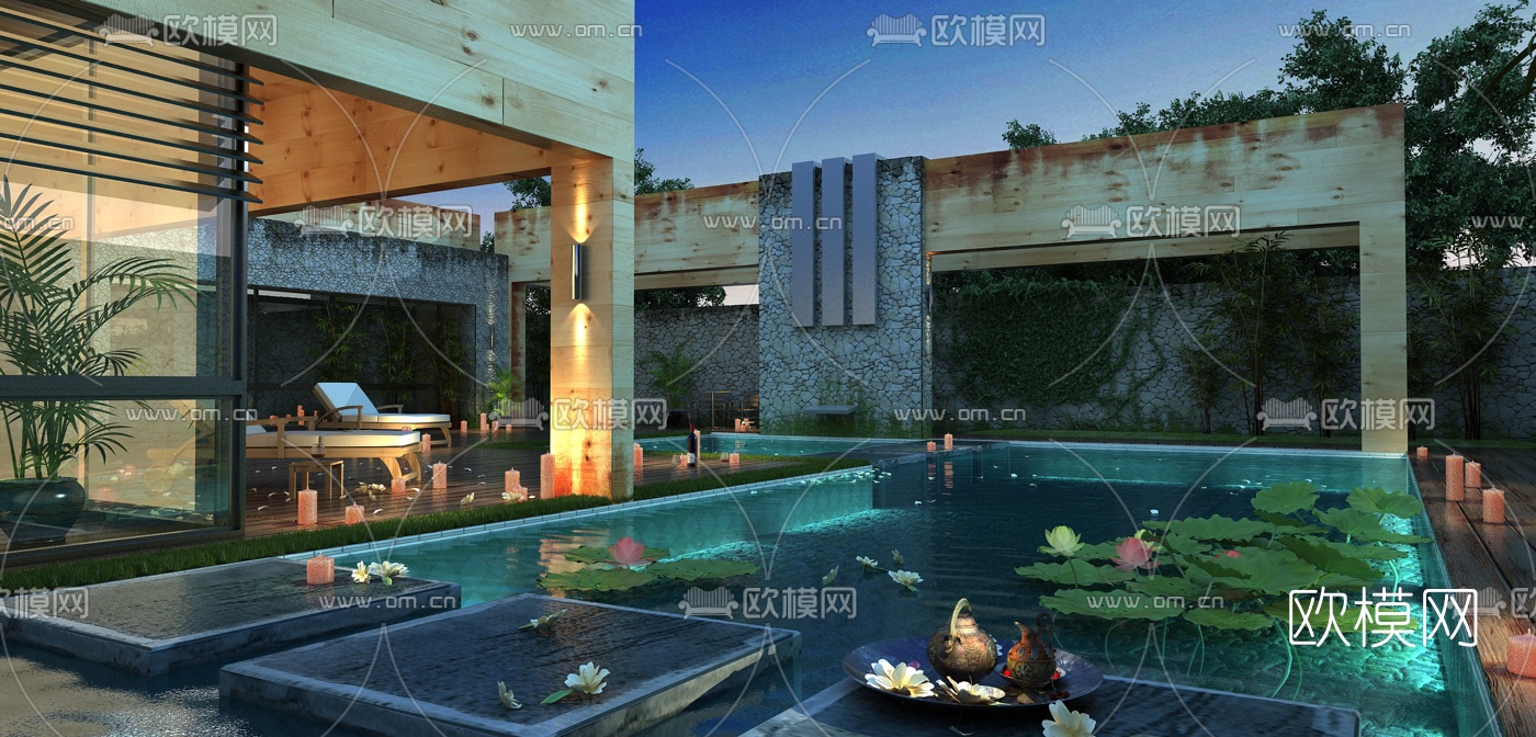 现代别墅庭院泳池3d模型下载（渲染图1）