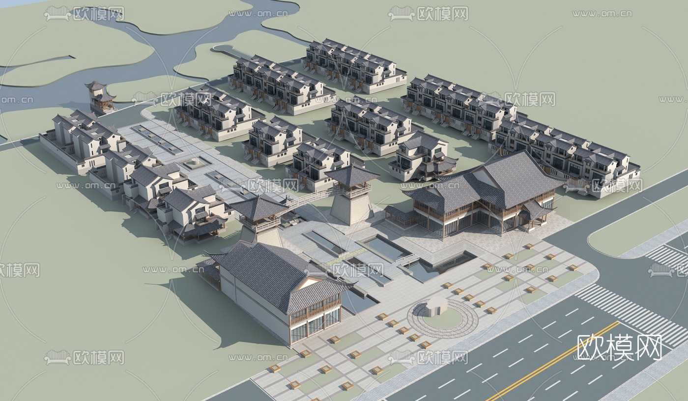 中式古建筑鸟瞰3d模型