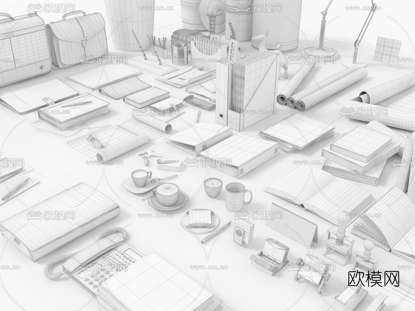 现代文件包笔记本图纸电话办公用品组合3D模型