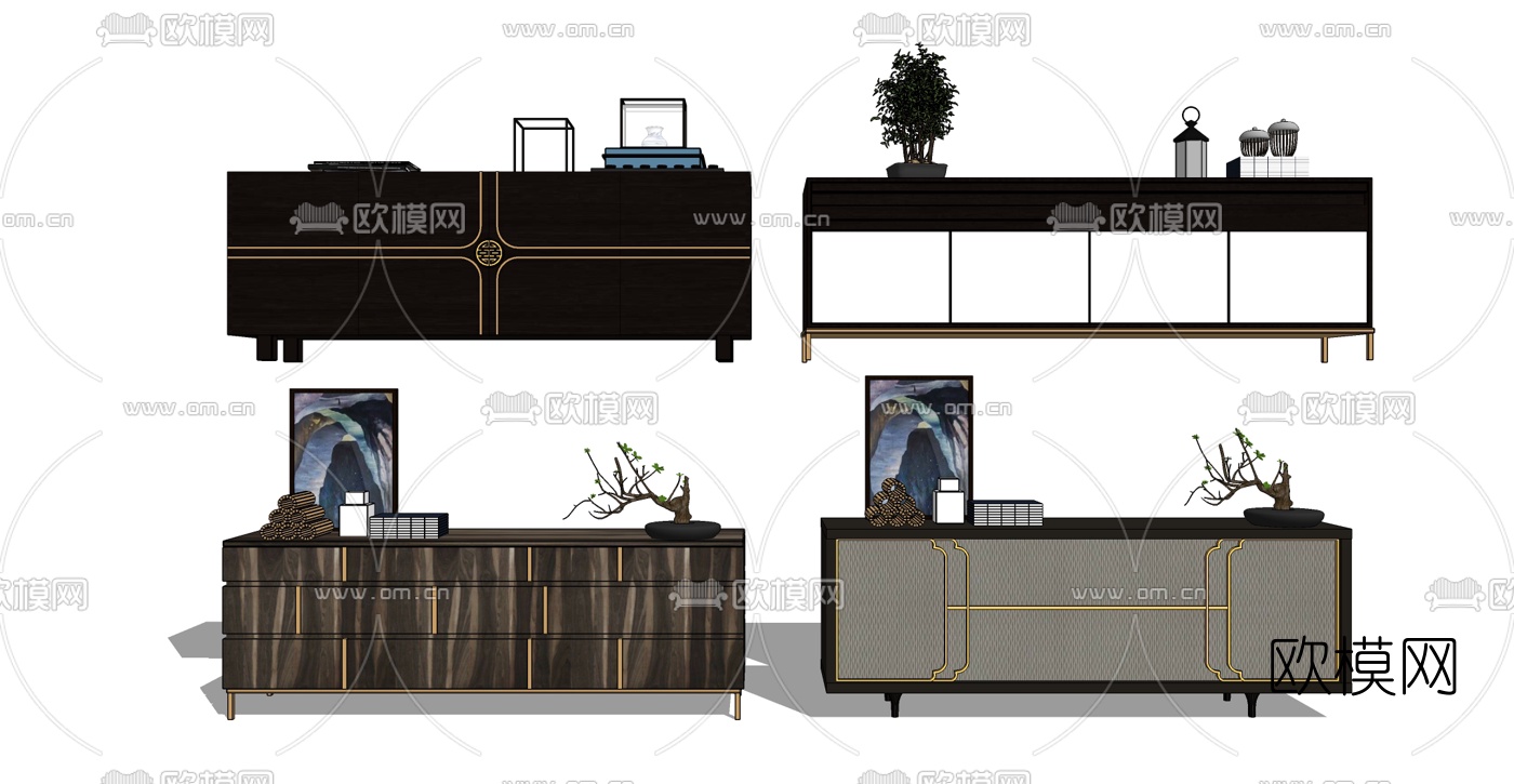 新中式电视柜组合su模型下载