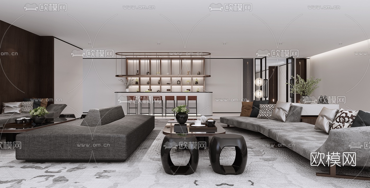 无间设计 新中式售楼处洽谈区3d模型下载