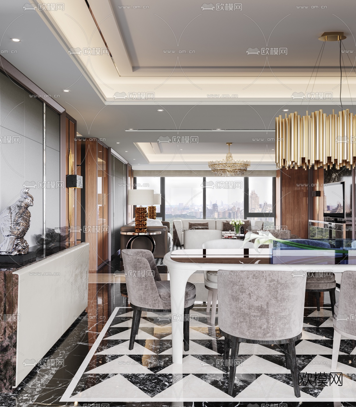 现代港式轻奢客厅餐厅3d模型下载（渲染图3）