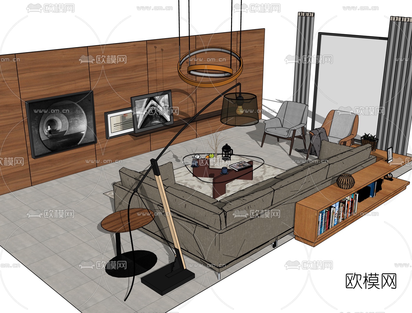 现代布艺沙发组合su模型下载（渲染图2）