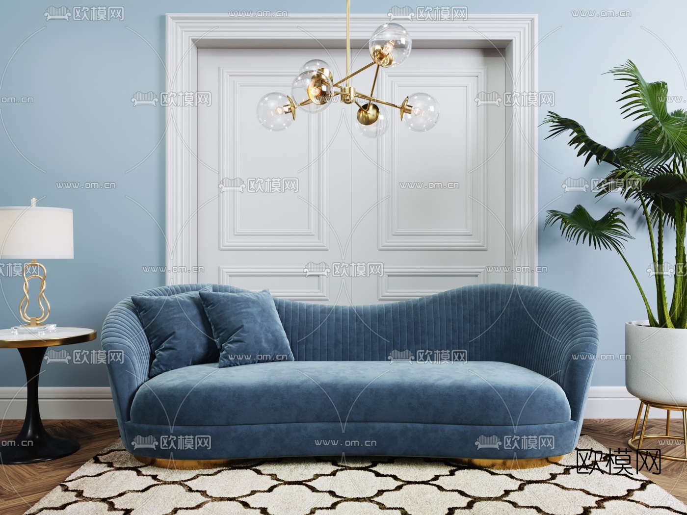 简欧布艺多人沙发3d模型下载
