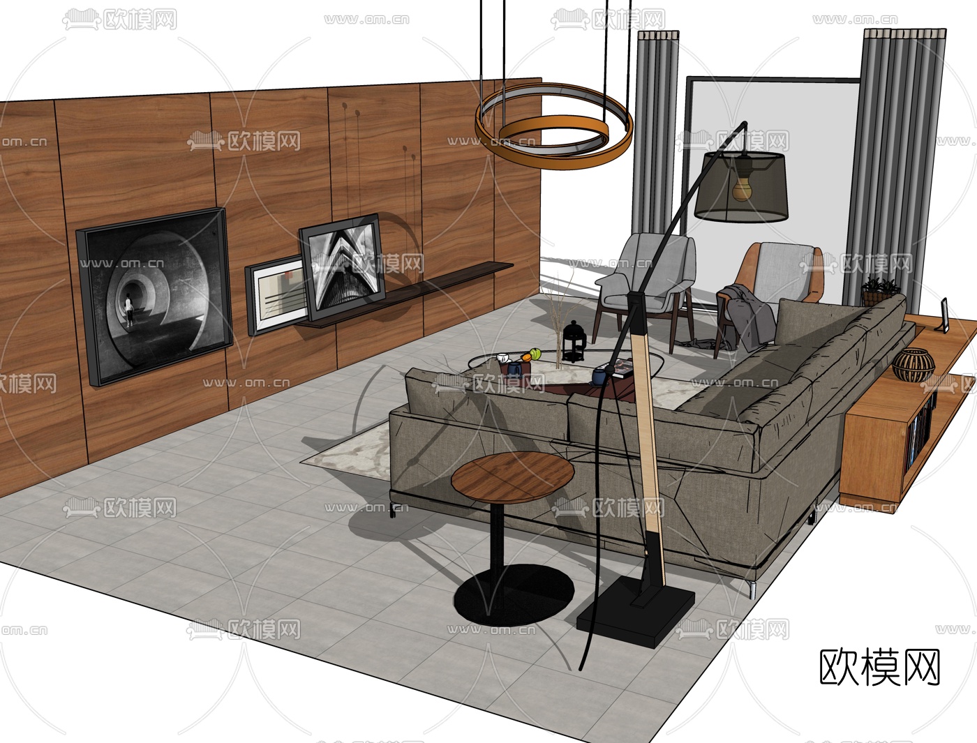 现代布艺沙发组合su模型下载（渲染图1）