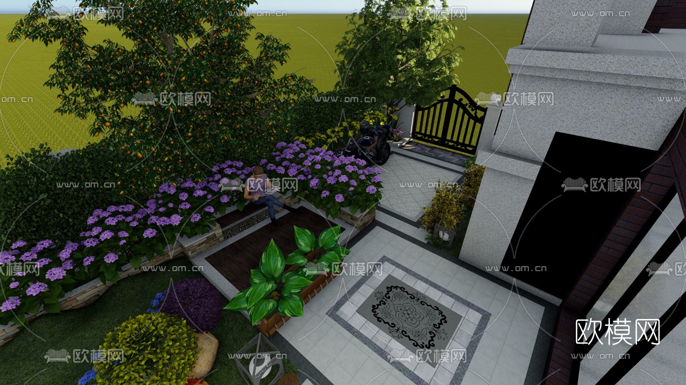 新中式庭院花园设计su模型下载（渲染图4）