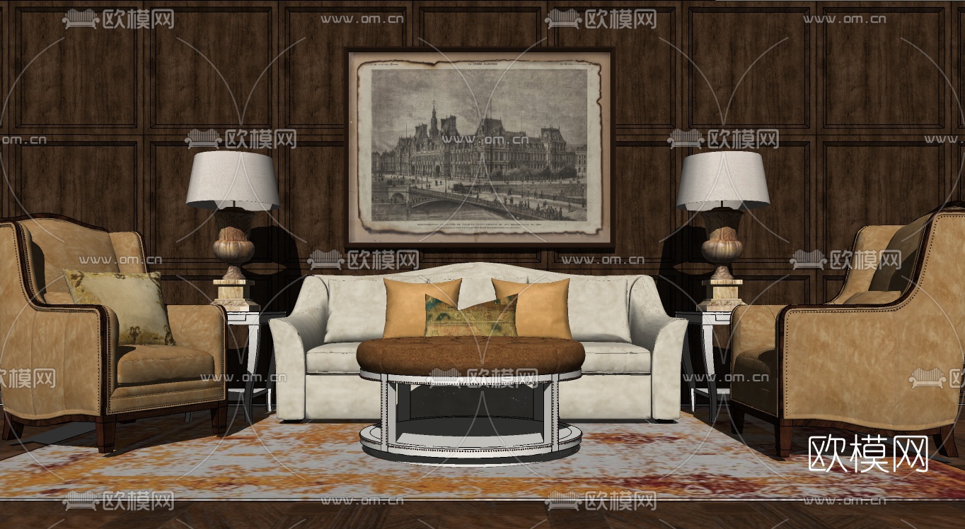 美式布艺沙发组合su模型下载