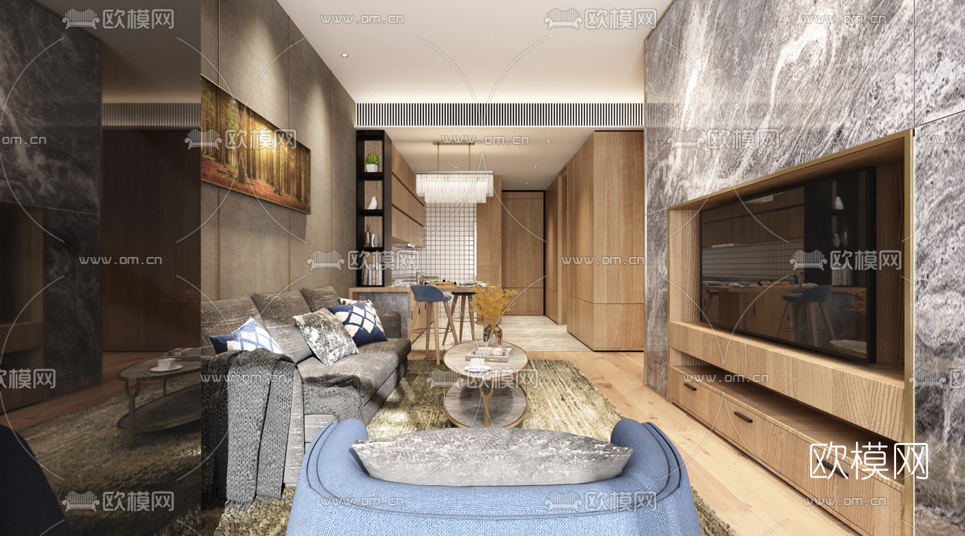 现代公寓客厅餐厅厨房3D模型