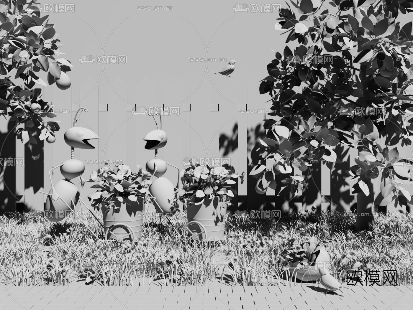 现代植物盆栽鸟蚂蚁园艺小品组合3D模型