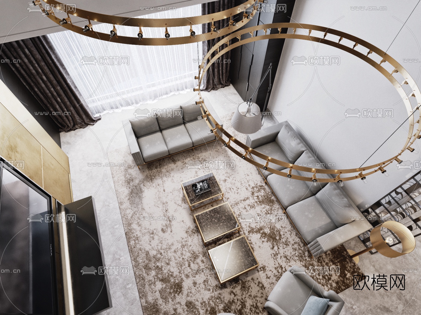 现代别墅客厅餐厅书房3D模型下载（渲染图5）