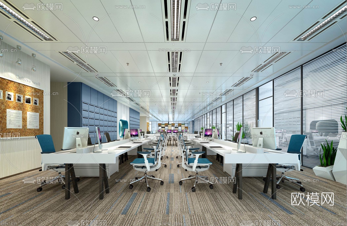 现代开放式办公室3d模型下载