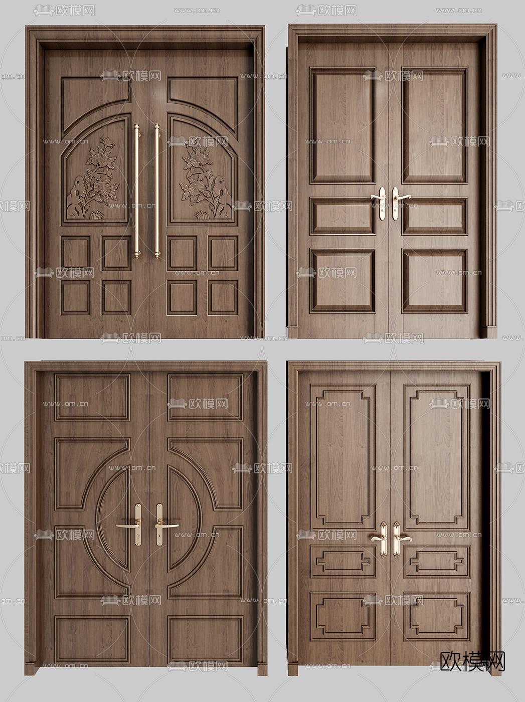 新中式双开实木门3d模型-免费3dmax模型库-欧模网