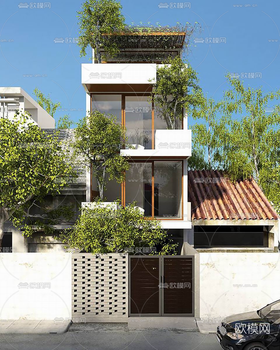 现代独栋别墅外观su模型下载（渲染图1）