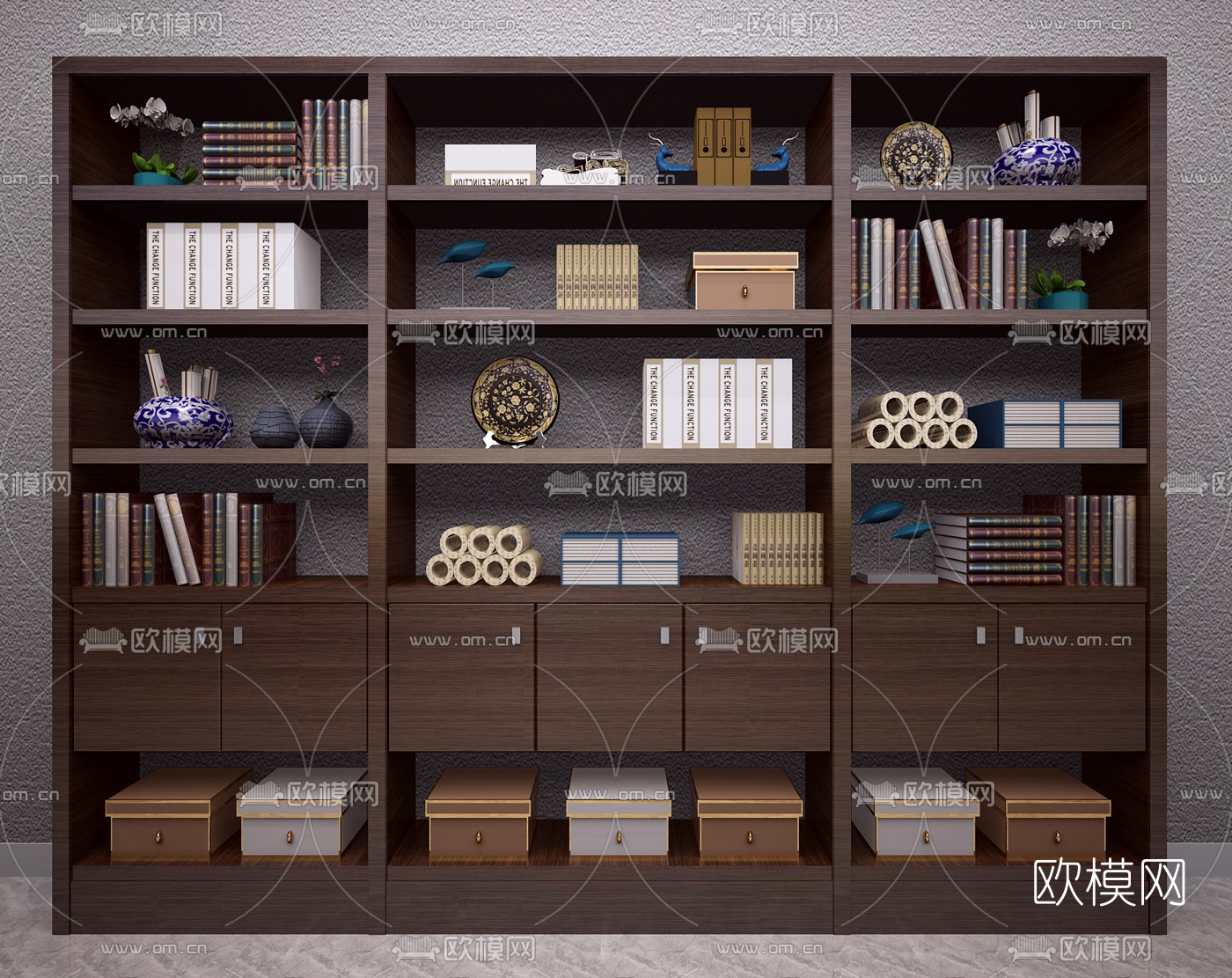 中式实木书柜书籍摆件组合3D模型下载