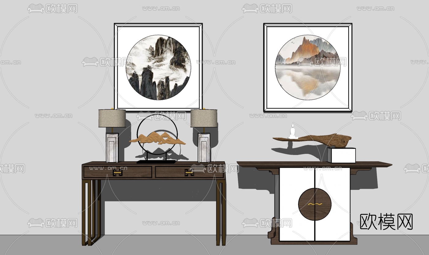 中式边柜组合su模型下载