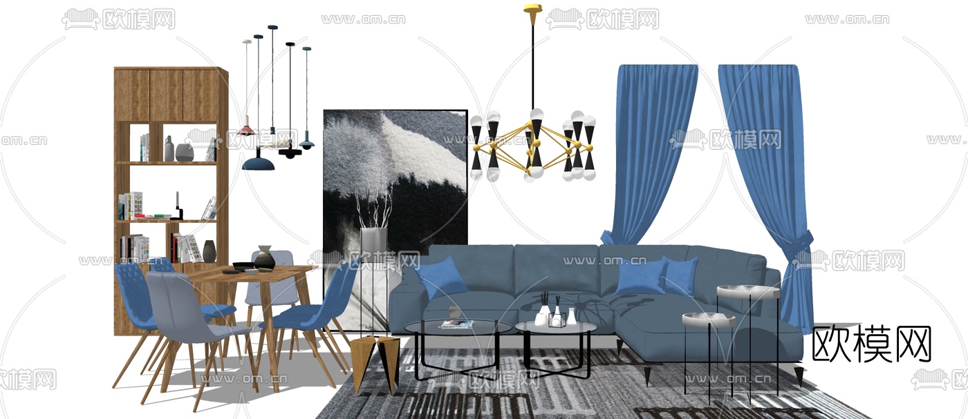 北欧简约沙发组合su模型下载（渲染图1）