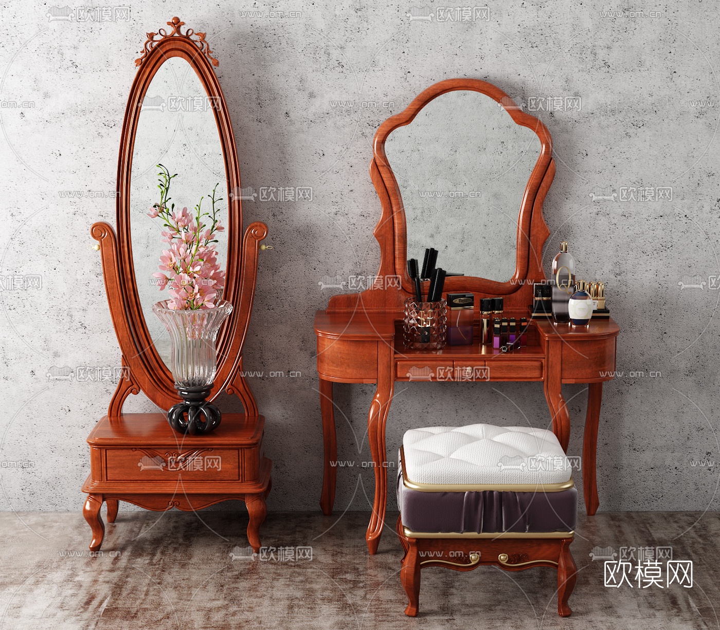 美式实木梳妆台化妆镜3d模型下载（渲染图1）