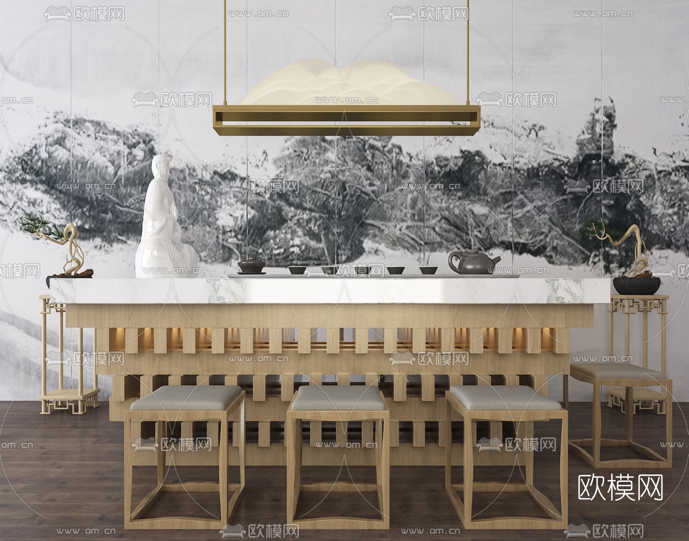 新中式i实木茶桌椅3d模型下载