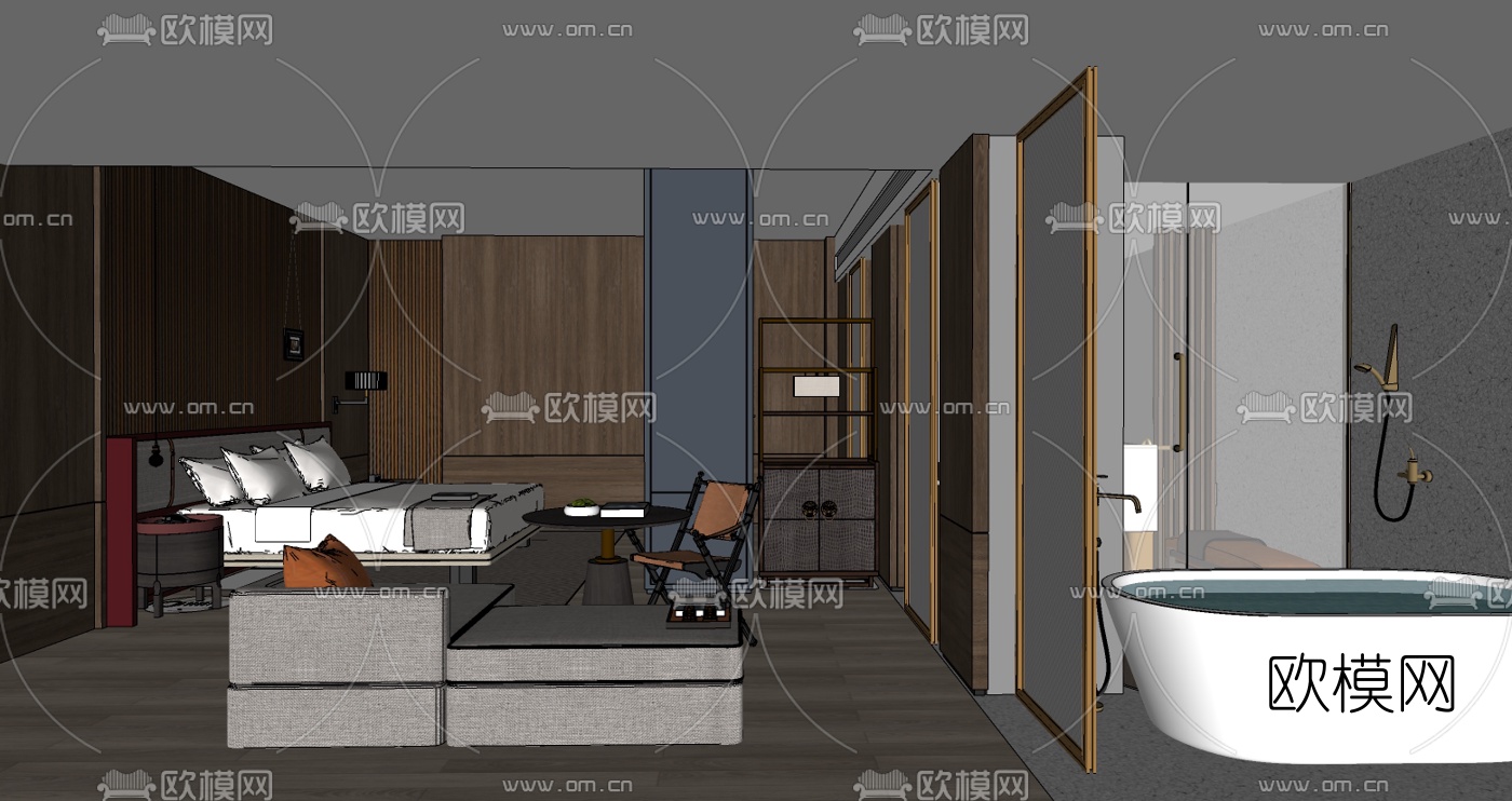 新中式酒店客房su模型下载（渲染图2）