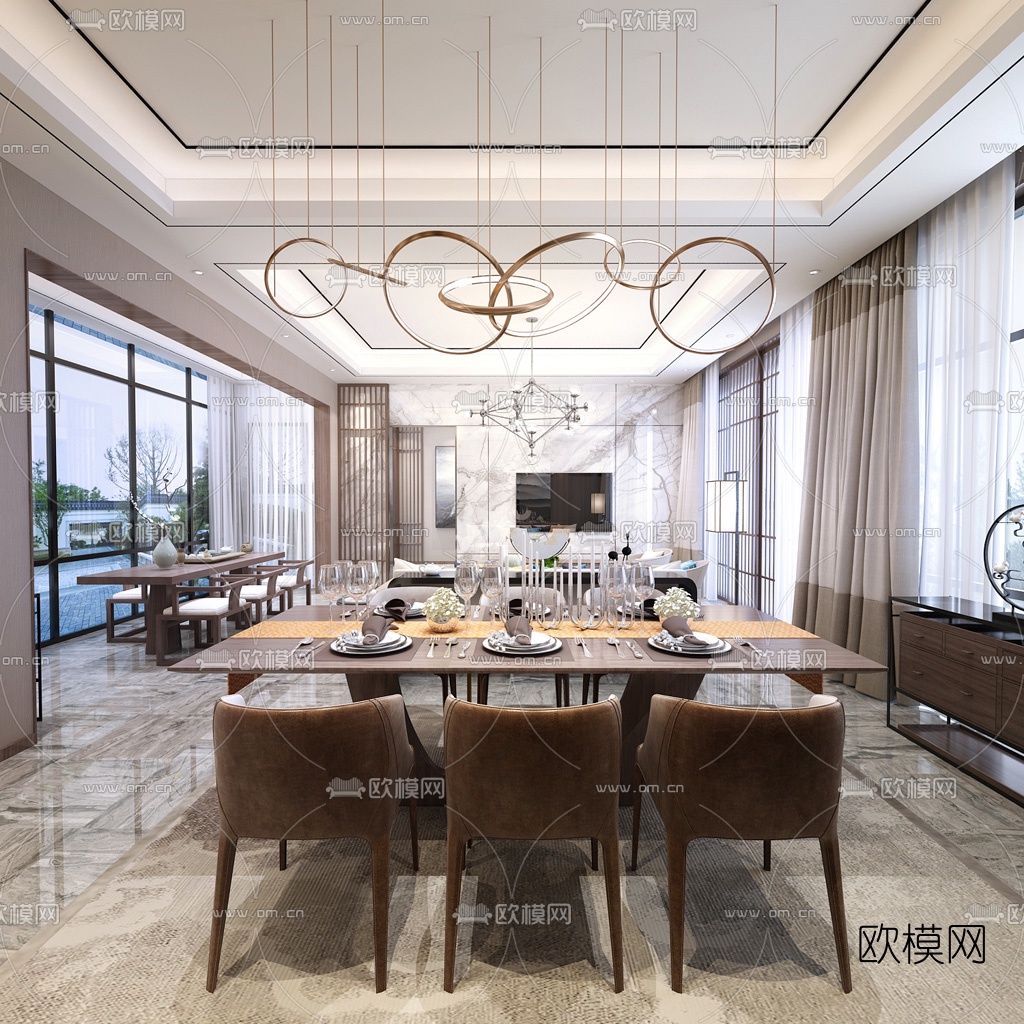 现代轻奢客厅餐厅3d模型